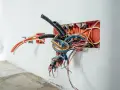 Un groviglio di cavi elettrici dai vivaci colori fase emerge da una scatola arancione incassata nel muro, pronto per essere collegato.