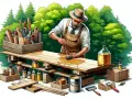 Artigiano con cappello e grembiule applica olio su tavole di legno per proteggerle. Impara come impermeabilizzare il legno con questo metodo naturale.