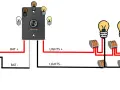 Schema per collegare pulsante luce: batteria 12/24V collegata a un dimmer, che a sua volta alimenta più lampadine tramite connettori.