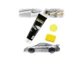 Car scratch repair paste tube, yellow sponge, microfiber cloth, and a car split to show before/after repair.