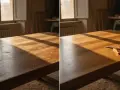 Prima e dopo: un vecchio tavolo di legno graffiato viene riportato a nuova vita. Uno scalpello e un panno arancione sono pronti per il restauro.