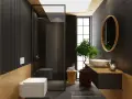 Bagno moderno con doccia, WC sospeso e lavabo. Le pareti sono rivestite con piastrelle nere e inserti in legno, creando un effetto di sovrapposizione che ricorda il lavoro di incollare piastrelle su piastrelle bagno.