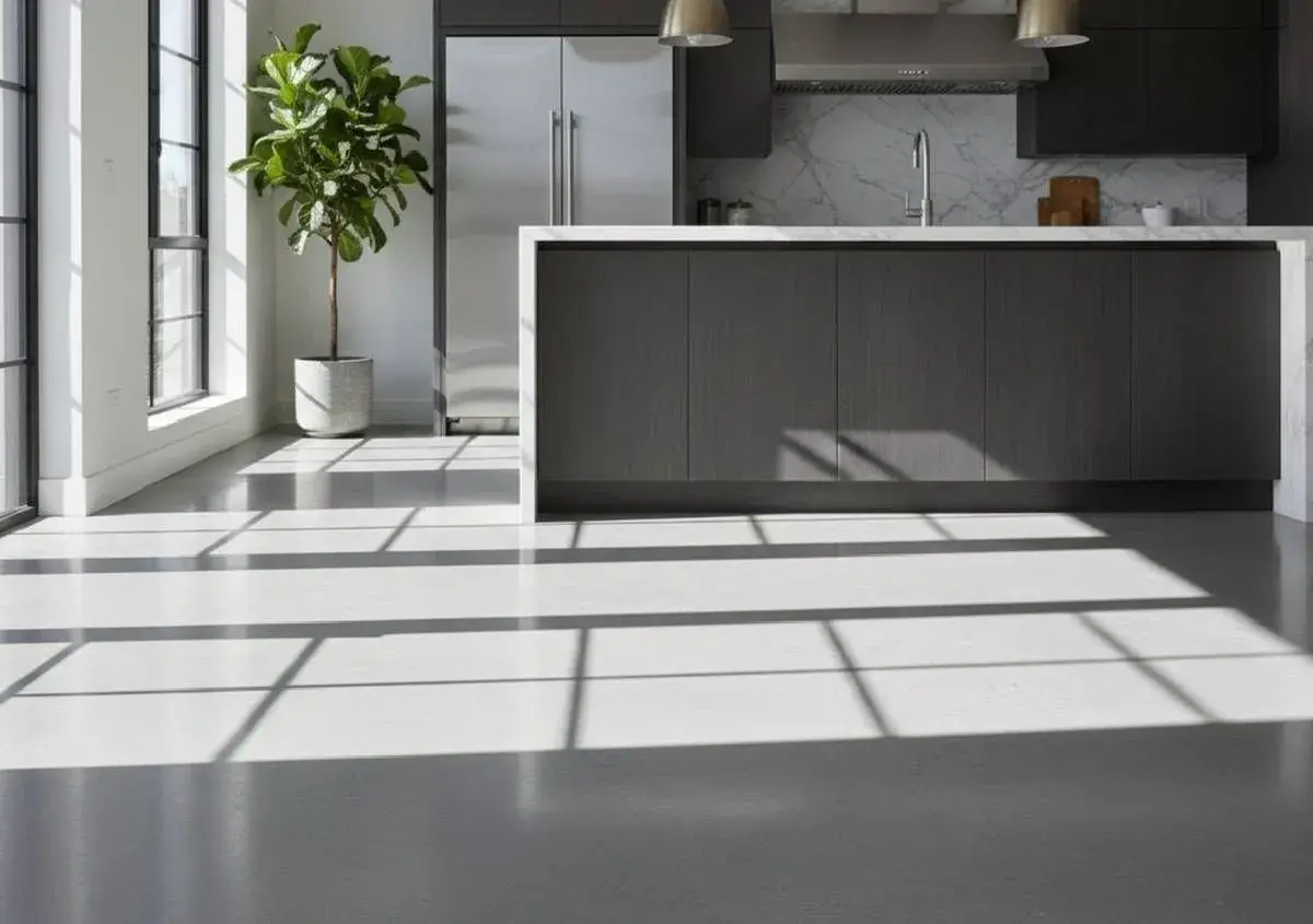 Luminoso soggiorno con un elegante **pavimento resina** grigio chiaro. La luce solare crea un gioco di ombre geometriche sulla superficie liscia.