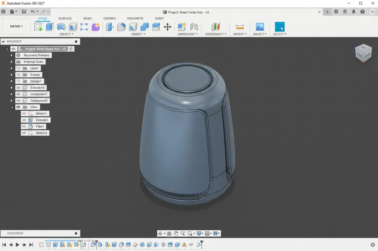 Modellazione di un hub domestico intelligente in Fusion 360. Il progetto mostra un oggetto cilindrico con dettagli curvi.