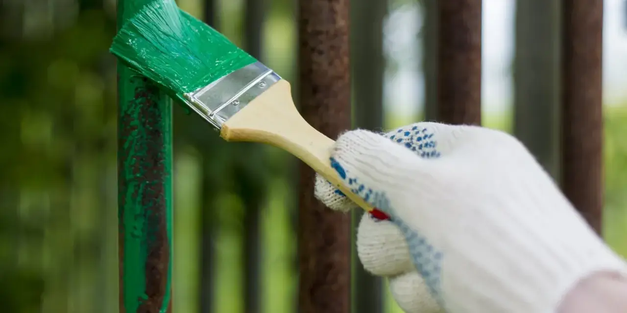 Mano guantata che vernicia di verde un palo di metallo arrugginito, rinnovando la verniciatura.