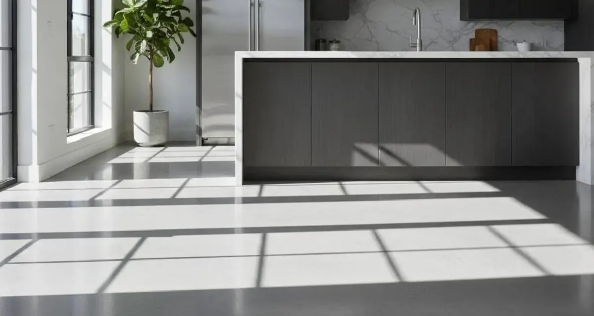 Luminoso soggiorno con un elegante **pavimento resina** grigio chiaro. La luce solare crea un gioco di ombre geometriche sulla superficie liscia.
