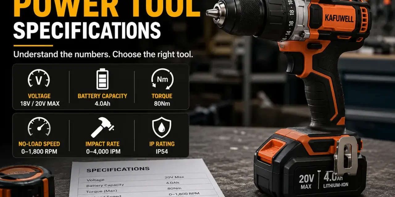 Trapano avvitatore con specifiche tecniche: voltaggio, capacità batteria, coppia, velocità, impatto e rating IP.