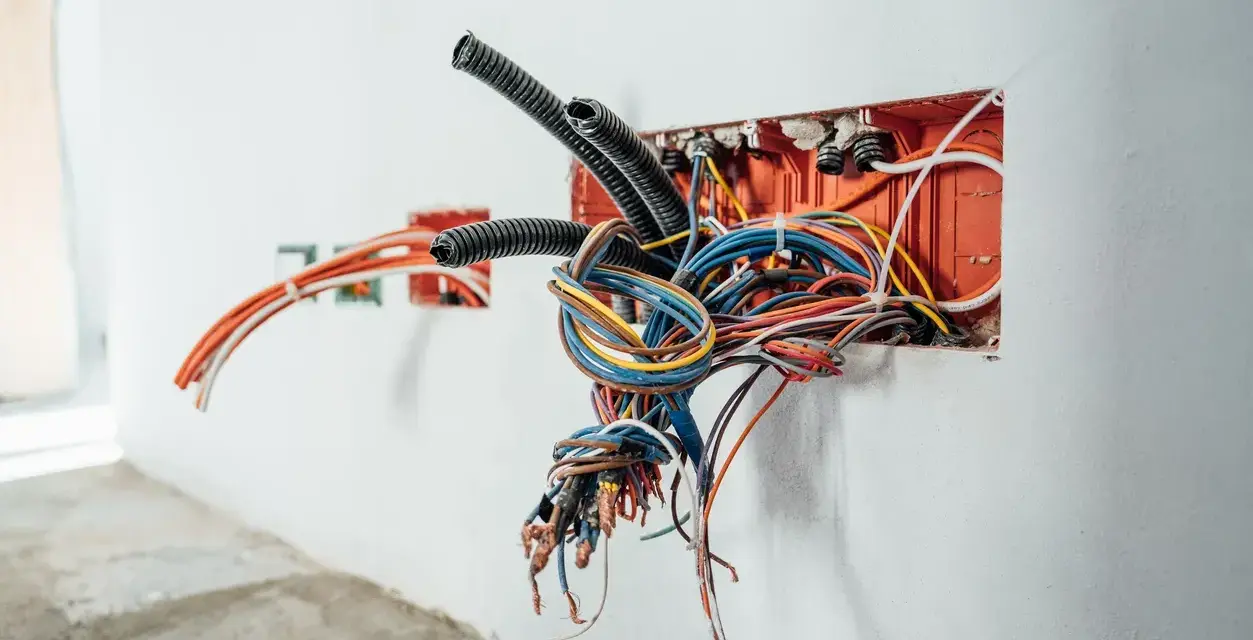 Un groviglio di cavi elettrici dai vivaci colori fase emerge da una scatola arancione incassata nel muro, pronto per essere collegato.