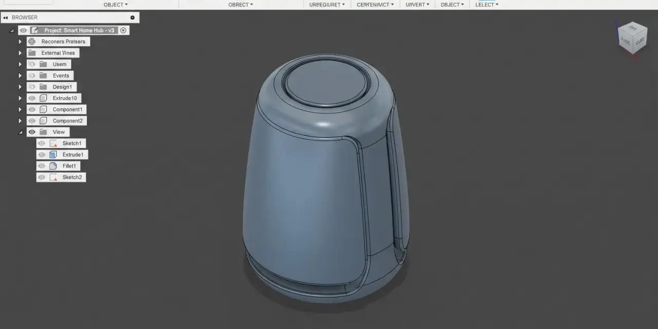 Modellazione di un hub domestico intelligente in Fusion 360. Il progetto mostra un oggetto cilindrico con dettagli curvi.