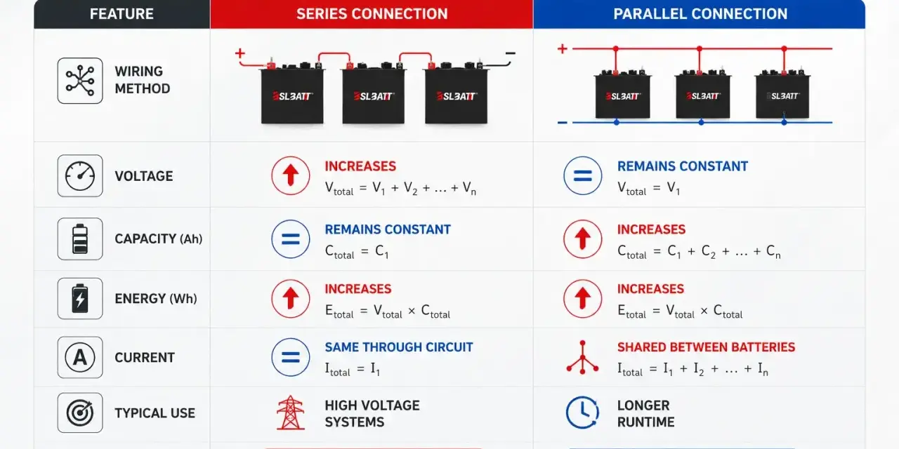 Tabella comparativa: collegamenti serie vs parallelo batterie. Serie aumenta voltaggio, parallelo aumenta ampere.
