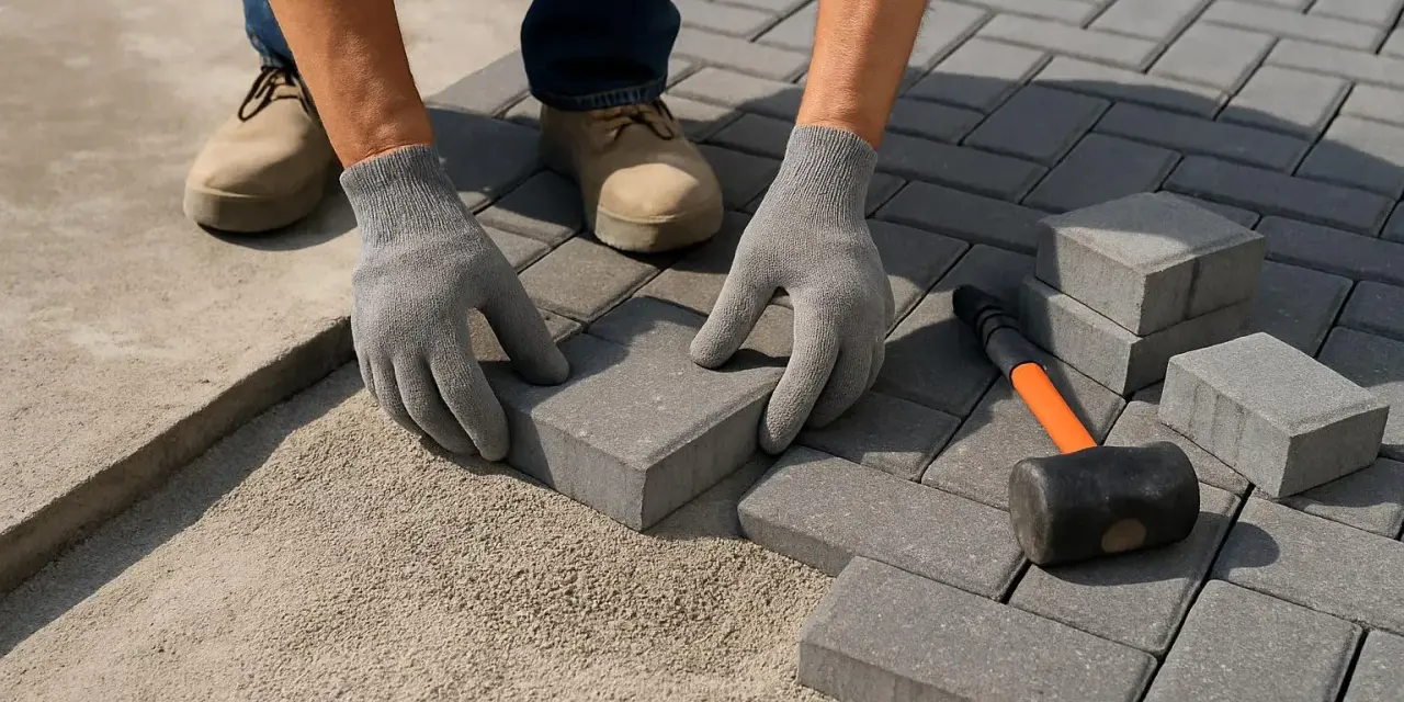 Mani guantate posano con cura le piastrelle grigie, creando un nuovo percorso. Cemento e martello sono pronti per completare il lavoro.