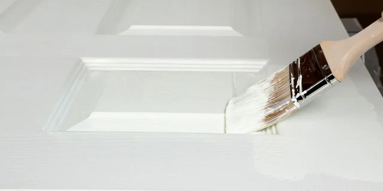 Pennello bianco applica vernice su porta in legno già verniciata, mostrando come verniciare una porta in legno già verniciata.