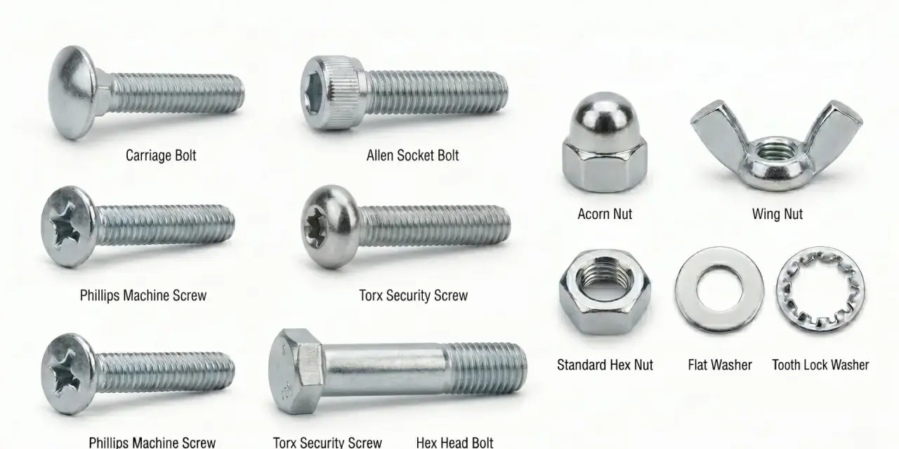 Viti, bulloni e dadi di vario tipo, tra cui testa esagonale e Torx, mostrano come si avvita per fissare.