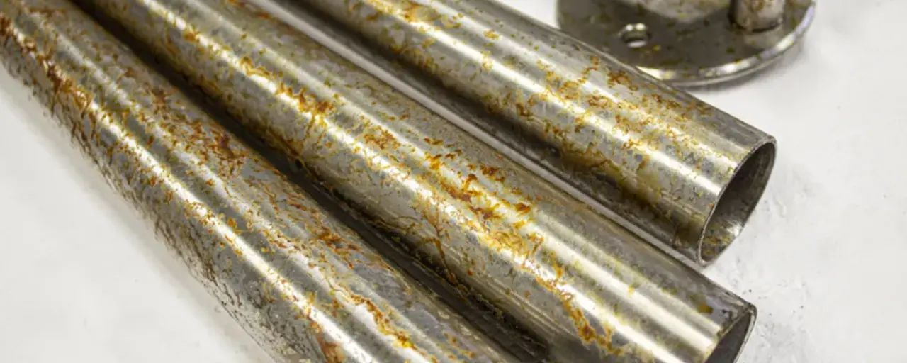 Tre tubi metallici mostrano segni di ruggine e corrosione, con l'acciaio annerisce in alcune aree.