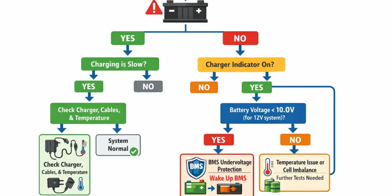 Diagramma di flusso per diagnosticare una batteria al litio che non si carica. Se la batteria nuova è scarica, controlla il caricabatterie e la temperatura.