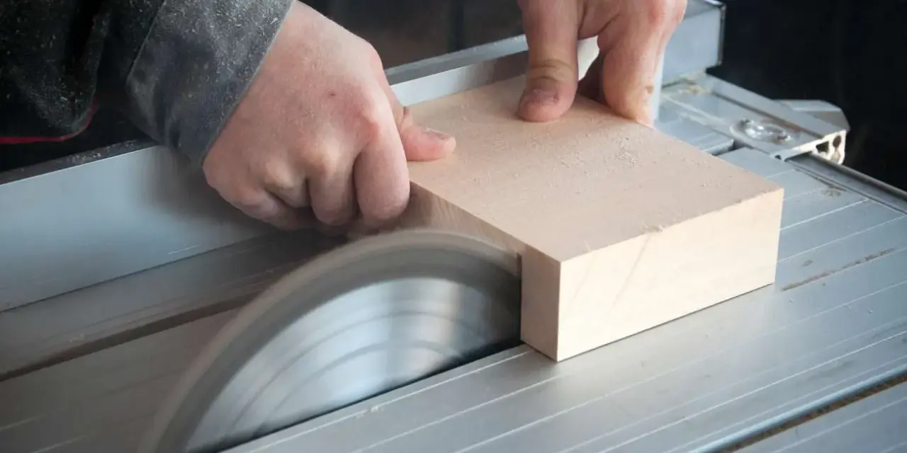 Mani esperte guidano un pezzo di legno su una sega circolare per tagliare legno a mano con precisione.