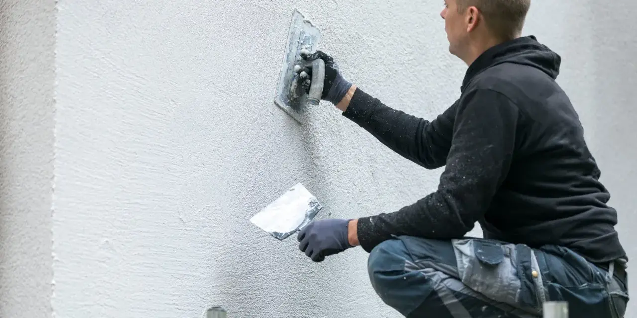 Operaio con cazzuola lavora su un muro esterno, mostrando come rasare un muro rovinato per un aspetto liscio e uniforme.