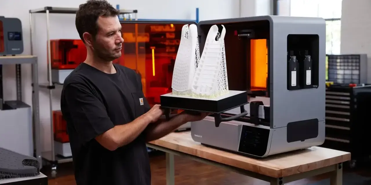 Uomo osserva due modelli architettonici bianchi appena stampati in 3D, pronti per essere rimossi dalla stampante.
