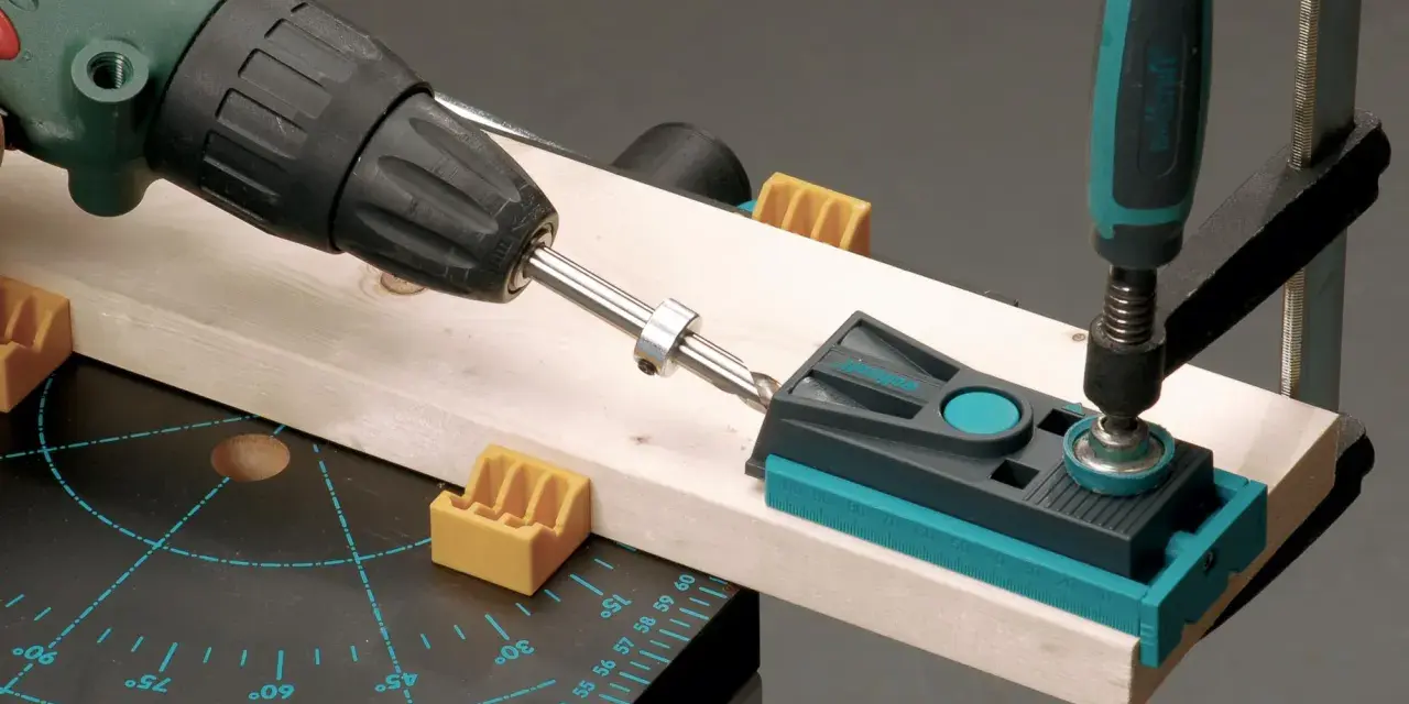 Attrezzo per guidare il trapano su un pezzo di legno, con morsetto e guida per fori precisi.