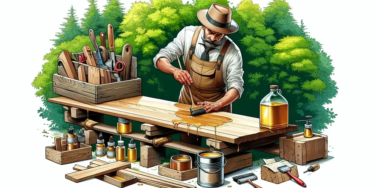 Artigiano con cappello e grembiule applica olio su tavole di legno per proteggerle. Impara come impermeabilizzare il legno con questo metodo naturale.