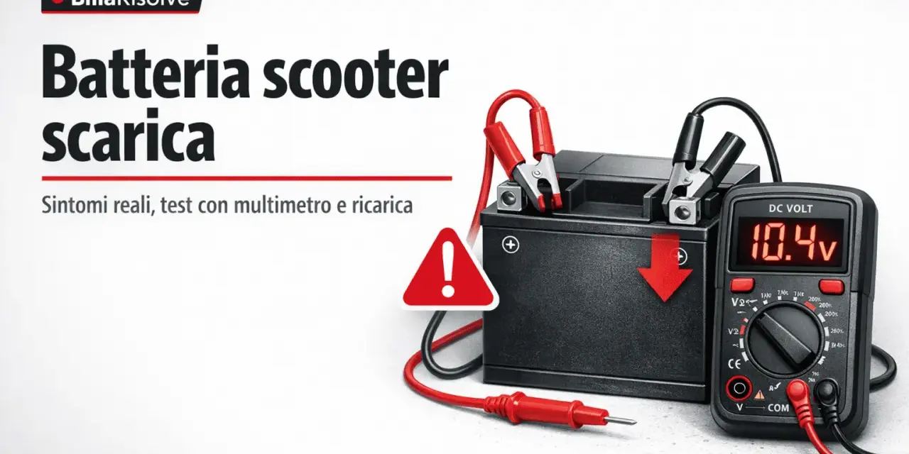 Batteria scooter scarica: il multimetro segna 10.4V, indicando che non parte se la batteria è scarica. Test e ricarica.