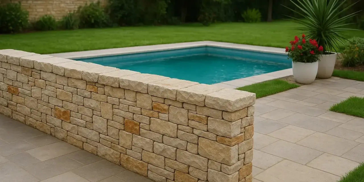 Un muretto in pietra fai da te delimita una piscina azzurra, circondata da prato verde e pavimentazione chiara.
