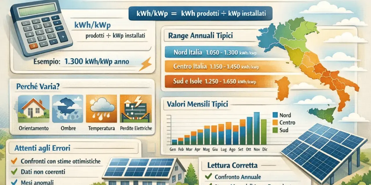Infografica su kWh per kWp fotovoltaico in Italia, con dati su produzione, range annuali e mensili, e fattori che influenzano la potenza.
