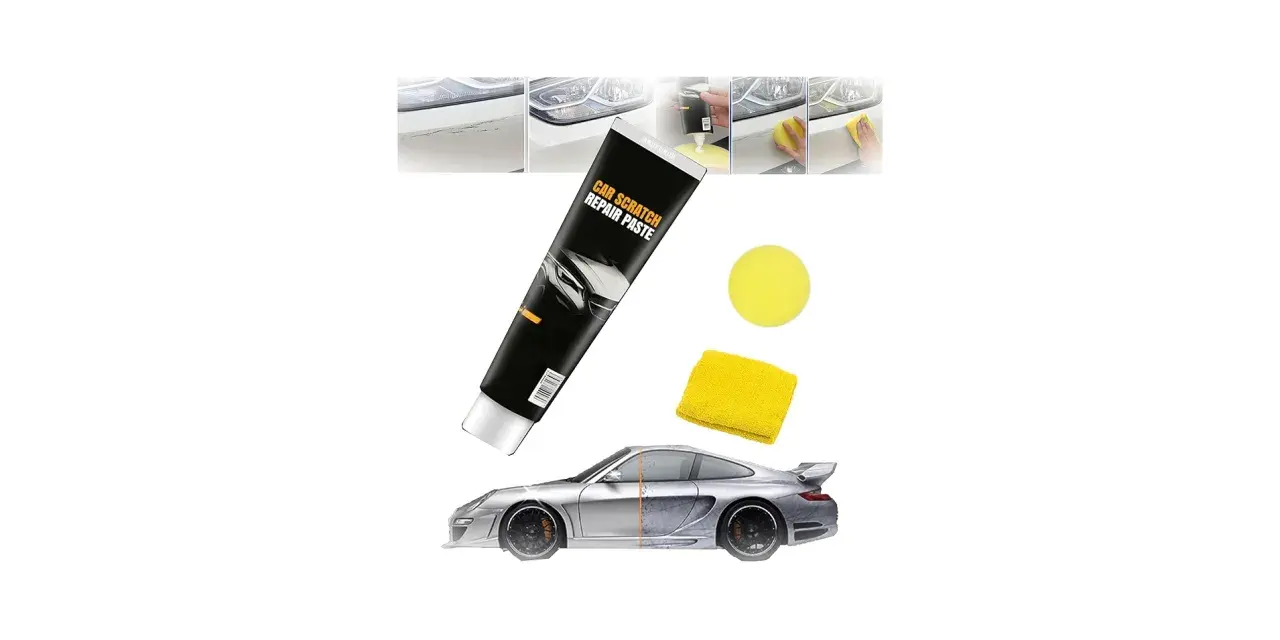 Car scratch repair paste tube, yellow sponge, microfiber cloth, and a car split to show before/after repair.