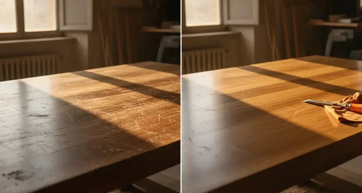 Prima e dopo: un vecchio tavolo di legno graffiato viene riportato a nuova vita. Uno scalpello e un panno arancione sono pronti per il restauro.