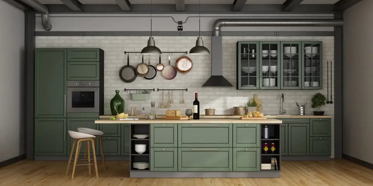 Cucina moderna con ante verdi, ideale per chi vuole rinnovare le ante della cucina con stile industriale.