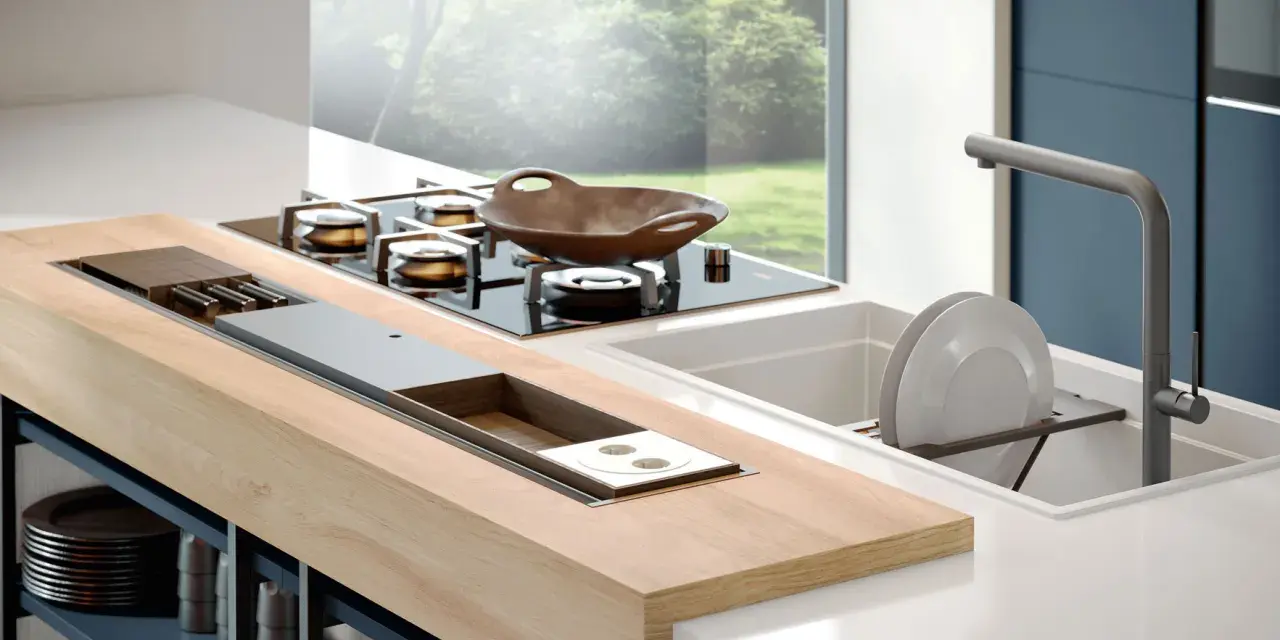 Un elegante montaggio top cucina con piano cottura a gas, lavello e un'isola in legno con vani contenitori.