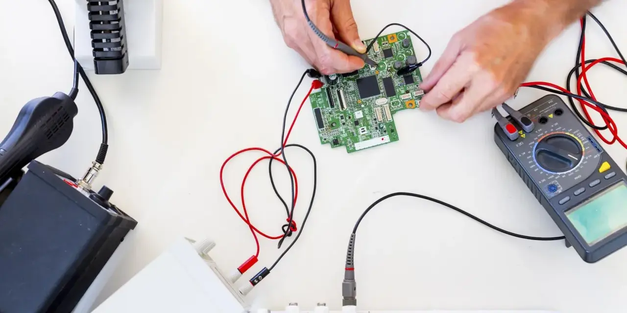 Mani che usano un multimetro per regolare uno strumento di misura su una scheda elettronica.