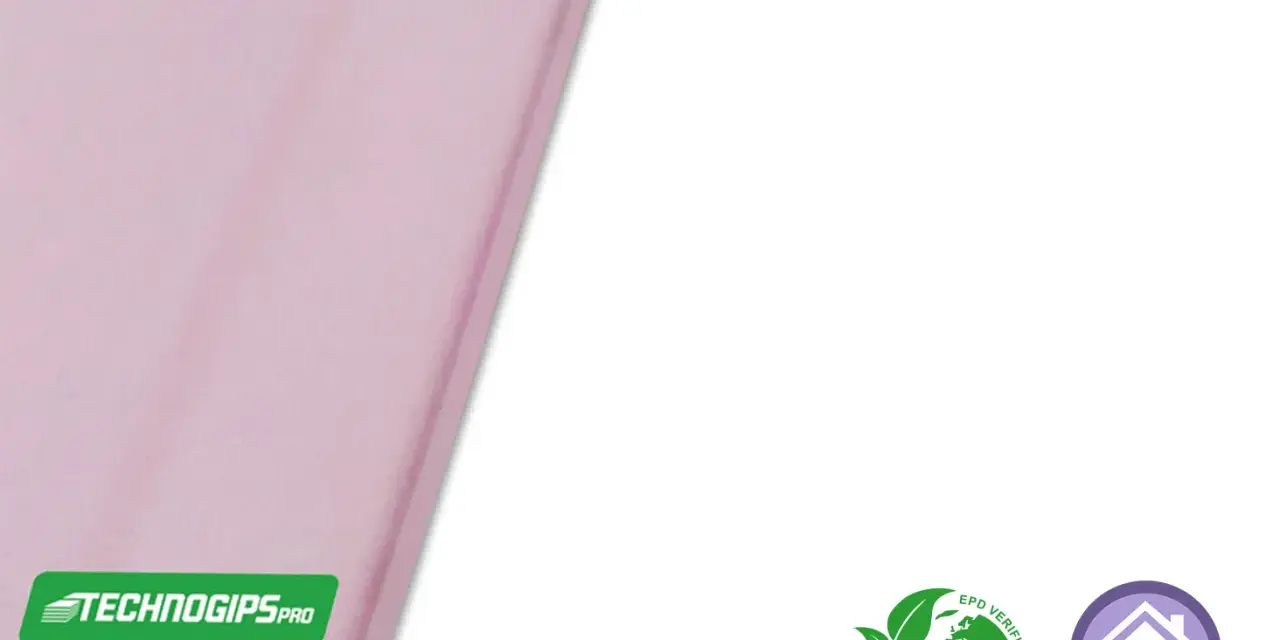 Lastra rosa Technogips Pro, con logo e certificazioni ambientali. Il cartongesso è ignifugo, garantendo sicurezza in casa.