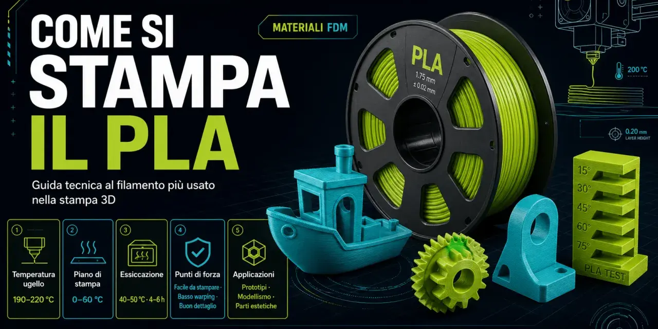 Bobina di filamento PLA, la guida tecnica per stampare questo materiale versatile. Include un modello di barca, ingranaggi e un supporto, con indicazioni su temperatura e applicazioni.