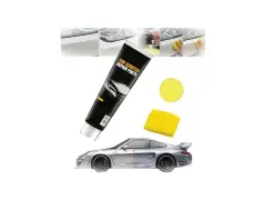 Car scratch repair paste tube, yellow sponge, microfiber cloth, and a car split to show before/after repair.