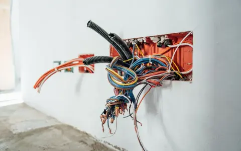 Un groviglio di cavi elettrici dai vivaci colori fase emerge da una scatola arancione incassata nel muro, pronto per essere collegato.