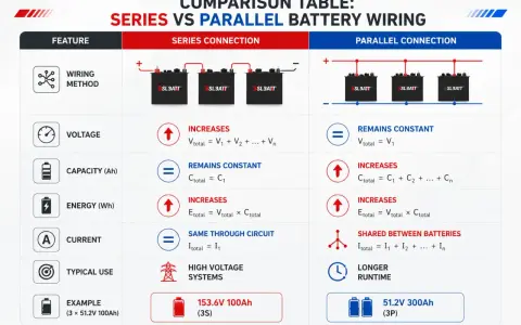 Tabella comparativa: collegamenti serie vs parallelo batterie. Serie aumenta voltaggio, parallelo aumenta ampere.