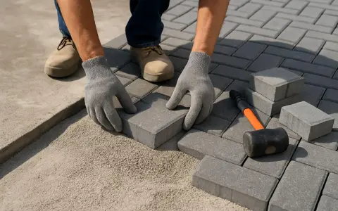 Mani guantate posano con cura le piastrelle grigie, creando un nuovo percorso. Cemento e martello sono pronti per completare il lavoro.