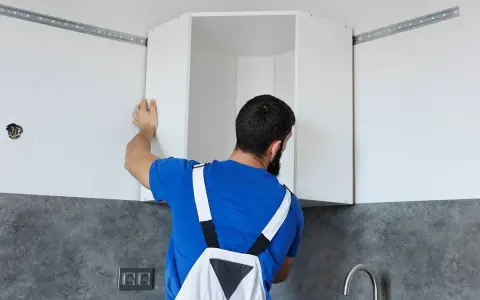 Installazione di pensili da cucina: un uomo con tuta blu monta un pensile angolare su una guida a muro.