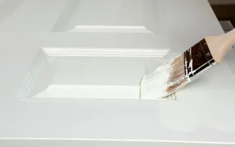 Pennello bianco applica vernice su porta in legno già verniciata, mostrando come verniciare una porta in legno già verniciata.