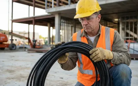 Operaio con elmetto giallo e giubbotto arancione tiene un rotolo di cavo nero, pronto per capire come fare una prolunga elettrica in cantiere.