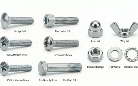 Viti, bulloni e dadi di vario tipo, tra cui testa esagonale e Torx, mostrano come si avvita per fissare.