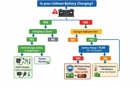 Diagramma di flusso per diagnosticare una batteria al litio che non si carica. Se la batteria nuova è scarica, controlla il caricabatterie e la temperatura.