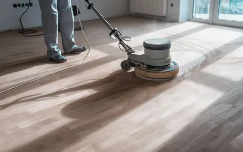 Un professionista usa una levigatrice per decerare il parquet, sollevando una nuvola di polvere.