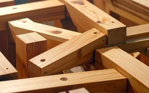 Legno grezzo, tagliato e forato, pronto per diventare mobili. Travi di pino grezzo, perfette per costruire.