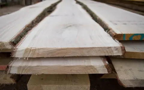 Tavole di legno grezzo impilate, con la corteccia ancora presente, pronte per il processo di stagionatura che ne assicura la durabilità.