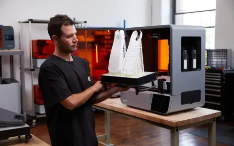 Uomo osserva due modelli architettonici bianchi appena stampati in 3D, pronti per essere rimossi dalla stampante.