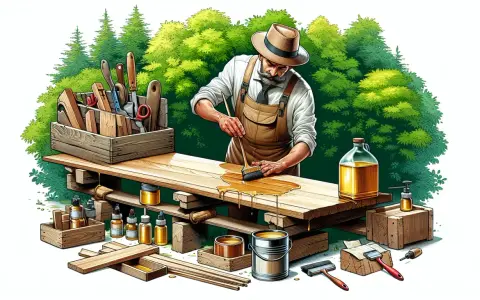 Artigiano con cappello e grembiule applica olio su tavole di legno per proteggerle. Impara come impermeabilizzare il legno con questo metodo naturale.