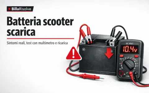 Batteria scooter scarica: il multimetro segna 10.4V, indicando che non parte se la batteria è scarica. Test e ricarica.