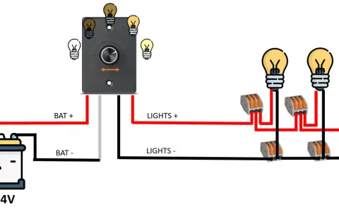 Schema per collegare pulsante luce: batteria 12/24V collegata a un dimmer, che a sua volta alimenta più lampadine tramite connettori.